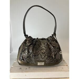BRIGHTON, LARGE METALIC ANIMAL PRINT SHOULDER BAG WITH CHARM